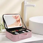 Multifunction Train Makeup Case Pink & LED Mirror Portable for Makeup Brushes