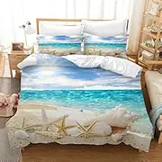 3D Sea Beach Conch Starfish Shell Quilt Cover Set Bedding Set with Pillowcases, Single/Double/Queen/King Size (Single)