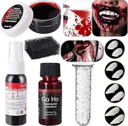 Go Ho Vampire Blood and Fangs Makeup Kit,4 Pairs Vampire Fangs Costume 4 Size Fake Teeth,1 Fake Blood Spray,1 Stage Blood,1 Coagulated Blood Gel and 1 Sponges for Halloween Vampire Cosplay Makeup