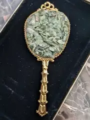 Vintage Beautiful Handheld Mini Pocket Mirror Gold Victorian Style Jade Chip