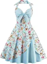 [IWEMEK] Women's Vintage Dress Ladies Cotton Sexy Retro 1950s Halterneck Rockabilly Swing Floral Print Tea Hem Party Skater A Line Prom Cocktail Party Homecoming Dress Plus Size UK 10-22