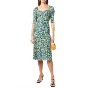 Diane von Furstenberg Dacey Lemon-print Gathered Midi Dress Sz S Blue Yellow