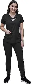 ANGIE UNIFORMS YOGAFLEX Jogger Scrubs for Women Set. Regular and PETITE. Side Spandex 2 Pockets Top with Tapered Leg Joggers
