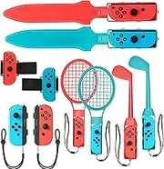 2022 Nintendo Switch Sports Accessories Bundle -10 in 1 Family Accessories Kit for Switch Sports Games:Tennis Rackets,Golf Clubs for Mario Golf Super Rush,Soccer Leg Straps,Sword Grips for Chambara Game,Wrist Bands and Carrying Case