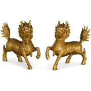 US SELLER - Antique Brass Gold Finish Bronze Kirin Oriental Statue Set
