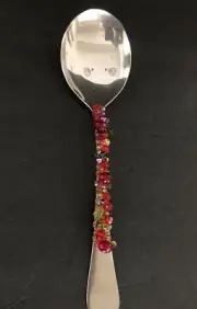 Hand Beaded In Red and Green and Wire Stainless Serving Spoon 10”