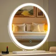 ZKIODV Round Vanity Makeup Mirror with Light, 48 x 52 CM LED Lighted Mirror with Dimmable 3 Color Lights, Large Circle Desk Mirror, 360° Light Up Mirror for Dresser, Tabletop, Bedroom, White