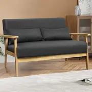 ALFORDSON 2-Seat Wooden Armchair High Back Accent Chair with Solid Wood Frame Armrest with Pillow, Linen Fabric Upholstery Cushion Lounge Sofa for Reading Bedroom Living Room, 280kg Load, Dark Grey