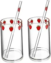 Cabilock 2Sets High Borosilicate Transparent Strawberry Print Milk Juice Cups with Straw Drinkware for Home for Tea and Beverages