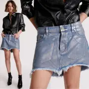 Free People X OneTeaspoon Blue Future Junkyard Mini Skirt 25 XS Shimmer Fray NEW