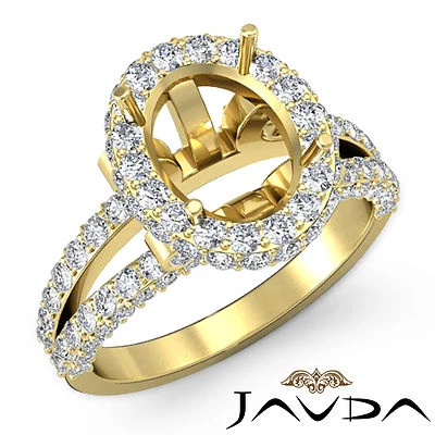 Classic Halo Pave Oval Semi Mount Diamond Engagement Ring 18k Yellow Gold 1.4Ctw