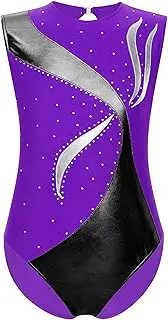 [Miutii] Kids Girls Sleeveless Sparkly Gymnastic Leotard Metallic Rhinestone Ballet Dance Skating Unitard Dancewear