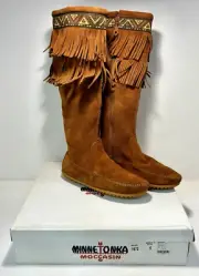 MINNETONKA BROWN SUEDE LEATHER DLB FRINGE KNEE HIGH BOOTS MOCS US WOMENS SZ 6