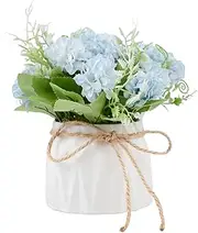 Artificial Flower Bouquet with Mini Ceramic Vase Fake Hydrangea Simulation Flower Decorative Arrangement for Home Decor Party Wedding Office Desk Decoration,Blue