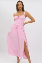 Pink Midi Dress Gathering Bust Corset Detail - Size 14L, Women's Midi Dress