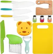 12 Pcs Kids Knife Set, Wooden Kids Kitchen Knives for Real Cooking, with Cutting Board, Serrated Edges Toddler Knife, Potato Slicer, Y Peeler, DIY Mold