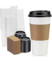 20oz Disposable White Paper Hot Coffee Cups with Dome Lids and Sleeves, 100 Sets