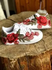 Nike Air Force 1 Custom Shoes Casual White Red Rose Floral Flower Mens Size 11.5