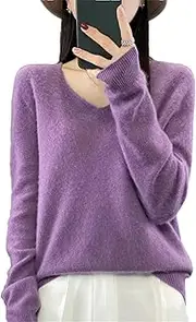 [Wcxixo] Womens V Neck Pullover Sweater Merino Wool Lightweight Sweater Long Sleeve Cashmere Jumper Algae