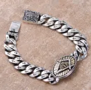 Men 12MM Solid 925 Sterling Silver Eye of God Cuban Link Chain Bracelet 7.5"