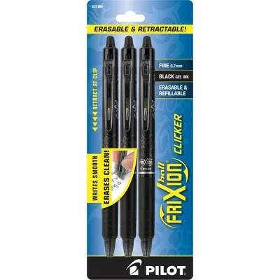 Pilot FriXion Clicker Erasable Gel Pens, 0.7 mm, Black Barrels, Black Ink, 3-Pk