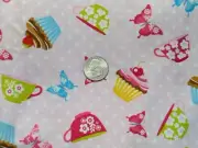 1Yd+32"/43" 100%ccotton "CUPCAKE CAFE" Fab PINK w/Dots-Butterflies-Tea Cups, NEW