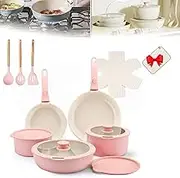 Gourmetific Ceramic Cookware Set, Gourmetific Cookware Set, 11/15/17/18Piece Nonstick Maifan Cookwares Sets with Detachable Handle (Pink,17PCS)