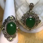 BURMESE Artisan Crafted Green Jade & Peridot Ring (Sz10) & PendantTGW 24.24cts