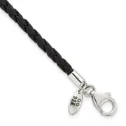 7.5 Inch Sterling Silver Reflections Black Leather Bead Bracelet