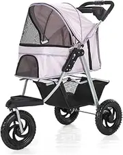 3 Wheels Dog Pram Stroller, Pet Gear Pet Stroller for Cats/Dogs Pushchair Carrier, One-Click Folding, Large Wheels, Lightweight Dog Pram with Water Cup Holder, Loading 25 Kg(Pink)