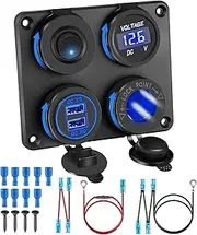 Upgraded 4 in 1 Charger Outlet Socket Panel, Dual QC 3.0 12V USB Power Outlet & Car Voltmeter Gauge & Cigarette Lighter Socket &ON Off Rocker Toggle Switch for Car Marine Boat RV Truck (with Wire)