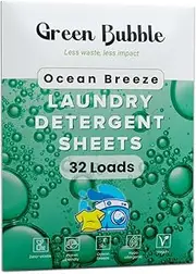 Green Bubble Laundry Detergent sheets - Eco-Friendly 32 loads Ocean Breeze Scent Travel Laundry wasing Sheets | Plastic Free Laundry Strips W/Recyclable Packaging | Washer Sheets Detergent