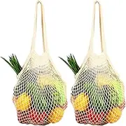 [2 Pack] Premium Mesh Grocery Bags, Reusable Produce Bags, Long Handle Net Tote Bags, 100% Cotton String Bags, Fruit and Vegetable Bags, Beige (Portable/Washable/Durable), Beige, One Size