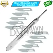 10 Sterile Surgical Blades #23 W/FREE BP Scalpel Handle #4 Medical Inst German G