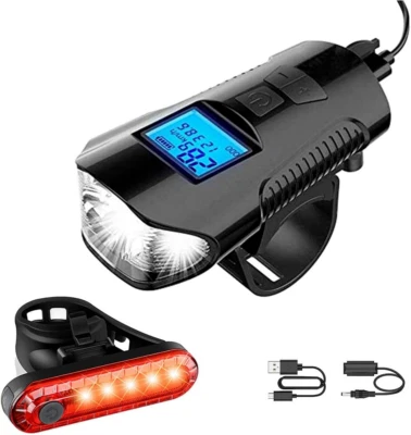 SUYA Bike Light Set,Bicycle Headlight with Horn and Speedometer Black
