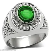 10x8 mm 316 Stainless Steel May Green Emerald Stone Dome Cut Men Ring Size 7-13