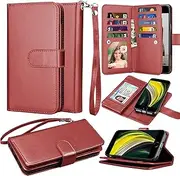 Takfox Wallet Case for iPhone SE 2020, for iPhone 7 / iPhone 8 Wallet Case, Women Men Leather Credit Card Slots Holder Folio Flip Cover [Kickstand] Detachable Magnetic Phone Case & Lanyard-Wine Red