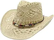 [Generic] Cowboy Hats for Women Classic Straw Cowgirl Beach Hat Music Festival Party Adult Sun Straw Western Cowboy Hats, C-beige, One Size, C-beige, One Size