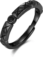 [Twoowl] Black Rings 925 Sterling Silver Black Gold Wedding Ring Black Gemstone Adjustible Stack Band Black Engagement Jewelry for women men, Stone, Cubic Zirconia