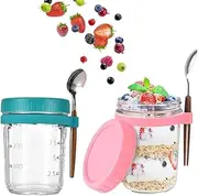 Aufondof 2 Pack Overnight Oats Containers with Lids and Spoons,14 Oz/400ML Glass Mason Jars for Overnight Oats Airtight Jars Leak Proof Oatmeal Container Meal Prep Jar for Yogurt,Milk,Fuirt,Salad