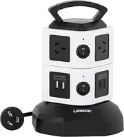 Lenoxx Tower Power Board Surge Protector - 6 Outlets, 2 USB-A Ports, 2 USB-C Ports, Surge Protection, Fast Charging, 360° Rotation, 2m Retractable Cord, USB Output 5V 2.1A - Black and White