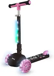 Zinc Kids 3 Wheel T-Motion Shine Scooter - Pink, Light Up Led Flashing Wheels and Stem, Height Adjustable, Folding, Non-Slip Grips, Boys & Girls, Lean to Steer, Great Gift Idea, 3+