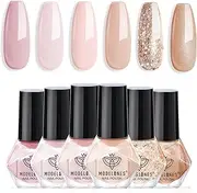 Modelones Complete Nail Polish Set Brown Nude Pink Gold Glitter Shimmer Quick Dry Nail Lacquer Kit with Nail Remover Sticker Base&Top Coat, Light Pink 6 Colors DIY Home Manicure for Women Girls