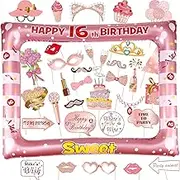 Seasons Stars SSDecor 16th Sweet Birthday Inflatable Selfie Photo Frame with 33pcs Photo Booth Props Set, Pink & Rose Gold, 24x28 Inches, Party Decoration