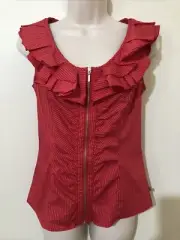 CUE Red White Pin Stripe Sleeveless Round Neck Ruffled Top Size 8 New W/ Tag 074