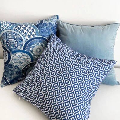 45*45cm Chinoiserie Cushion Cover Blue & White Geometric Hamptons Pillow Case