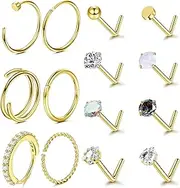 [Kakonia] Hypoallergenic 14K Gold Filled Nose Rings Studs 20G 316L Surgical Steel Nose Ring Gold L Shaped Nose Studs Hoop Nose Rings Set for Women Men Simulated Diamond Nose Piercing Jewelry(14Pcs)