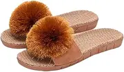 [Caistre] Women's House Slippers Open Toe Linen Flat Slide Sandals Fluffy Pompom Cozy Flat Slippers Sandals Non-Slip Home Shoes 2025