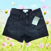 NWT H&M Regular Waist Black Cut Off Roll Ups Raw Hem Ragged Shortie Shorts US 4