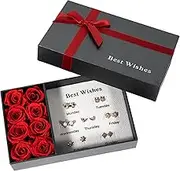 JoyFlower Preserved Flowers with 7 Pairs Earrings Gift Box for Women, S999 Silver Stud Earrings Eternal Roses Birthday Mother's Day Gift for Girlfriend Wife Mom on Anniversary Valentines Day Christmas